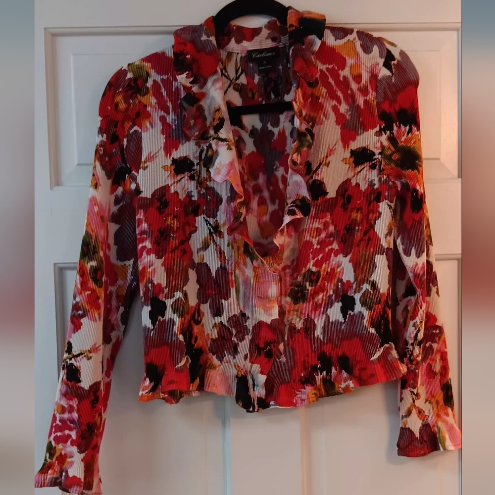 Flowy Boho Caeliann Vibrant Crinkle Floral Ruffle Open Front Blouse